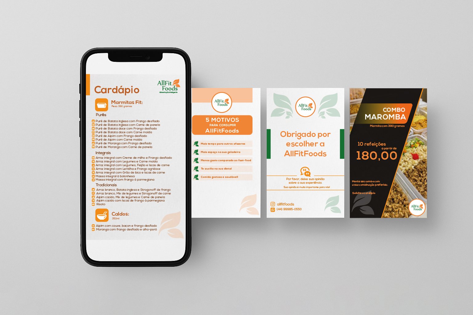 materiais gráficos para venda de marmitas, cardápio, flyer, agradecimento, cartão
